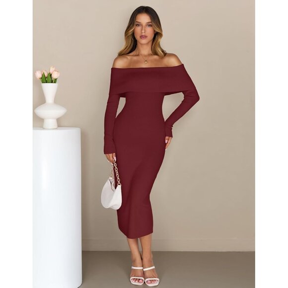 Merokeety Women's Burgundy Off Shoulder Long Sleeve Elegant Bodycon Midi Dress - Picture 2 of 9